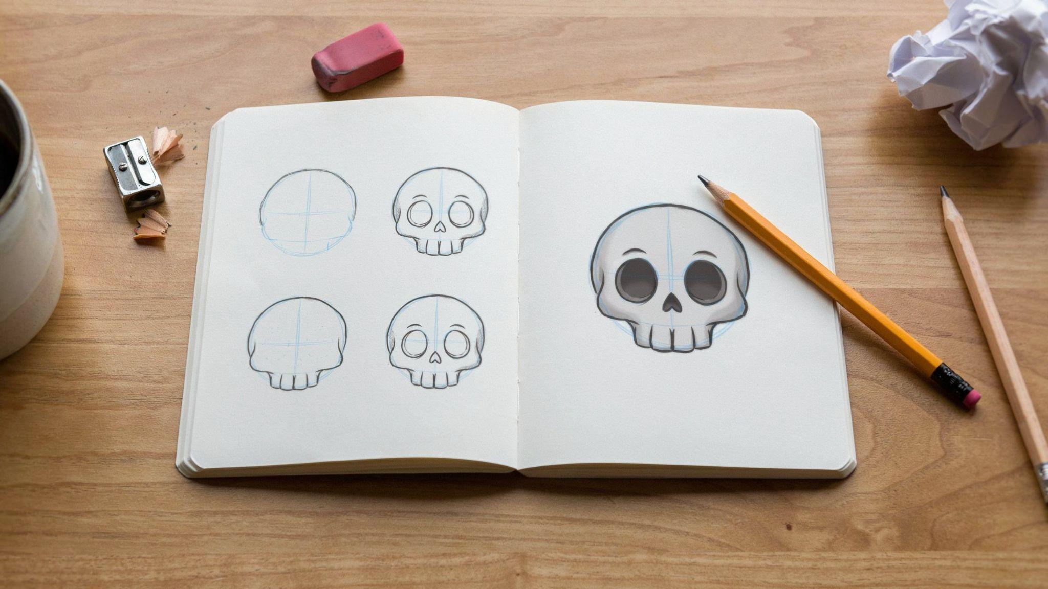 Sketchbook open with steps of skull sketch drawing.