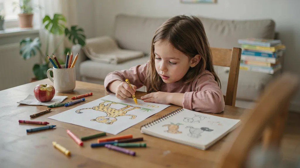 child enjoying drawing a cheetah with crayons and pencil on paper, showing creativity, focus, and learning through fun art activity at home.