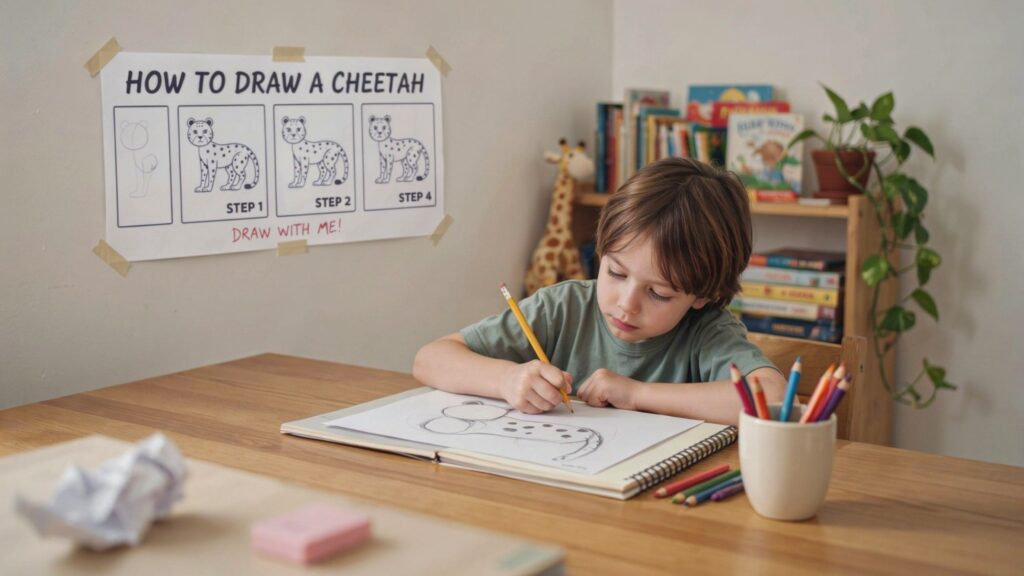 realistic child drawing a cheetah step by step using pencil on paper, showing simple shapes, sketching process, and creative learning environment at home.