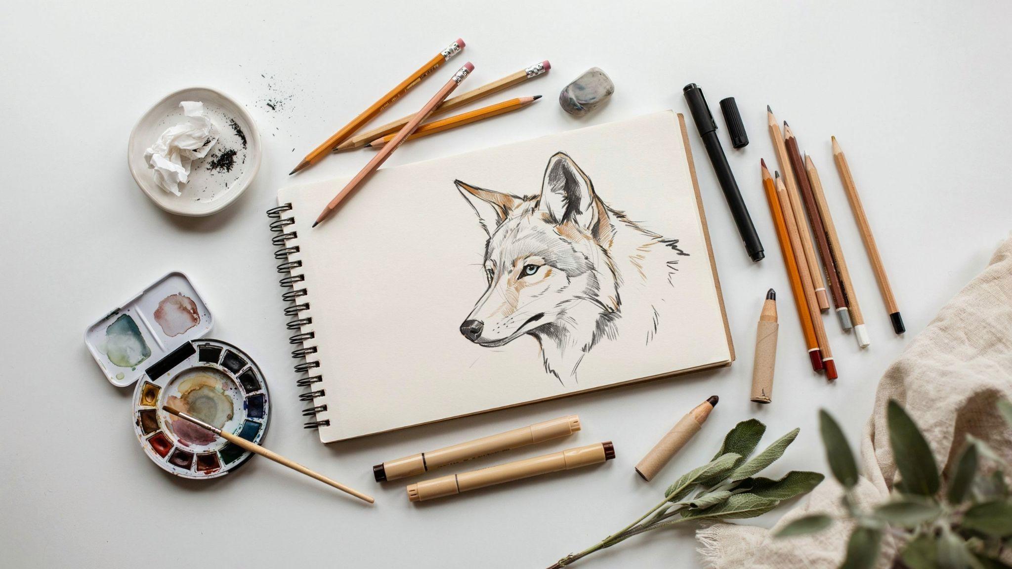 Essential drawing supplies arranged for creating and coloring a beginner coyote sketch.