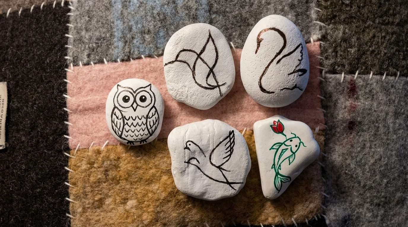 Four painted stones featuring minimalist line art designs, displayed on a textured blanket.