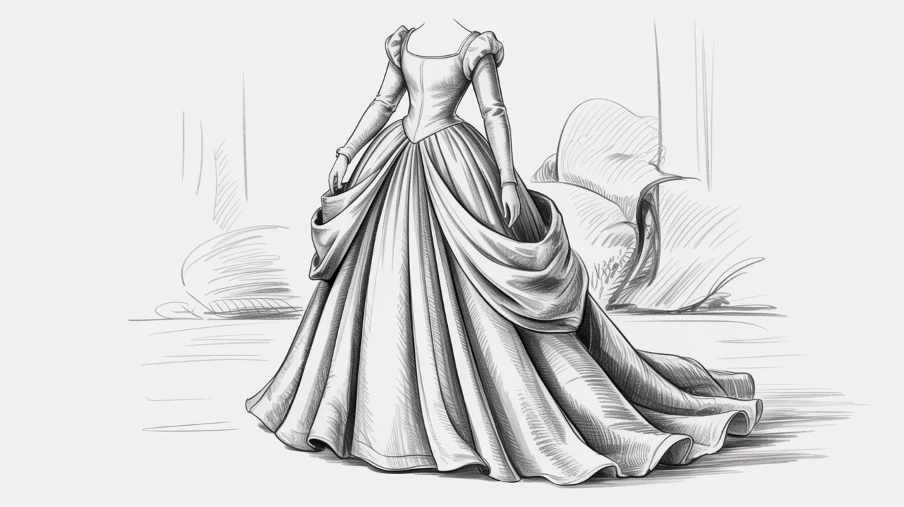 Renaissance dress study featuring flowing gown with detailed folds, volume, and shading emphasizing movement and classical fabric structure.