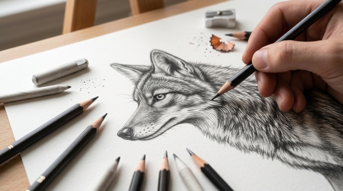 Realistic coyote drawing enhanced with detailed fur texture and layered shading.