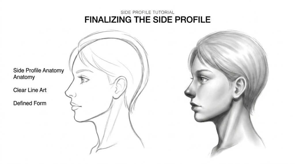 Side Profile Sketch Tutorial: Simple Drawing Steps A clean side profile face sketch showing full facial structure from forehead to chin in tutorial style.