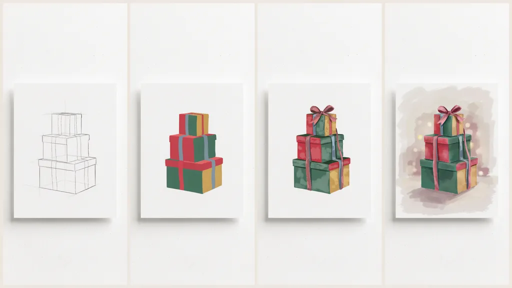 A four-step collage showing wrapped Christmas gift boxes being painted and decorated with ribbons and bows.