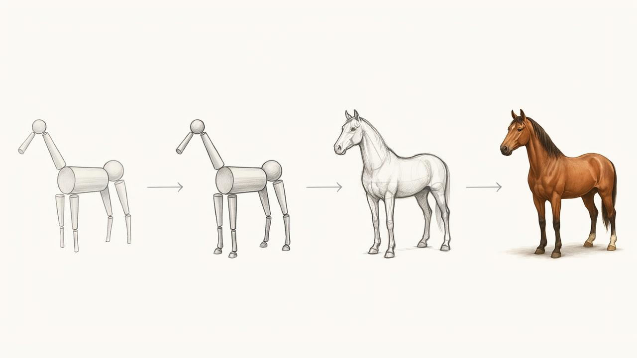 Complex subject simplified into basic forms before detailing.