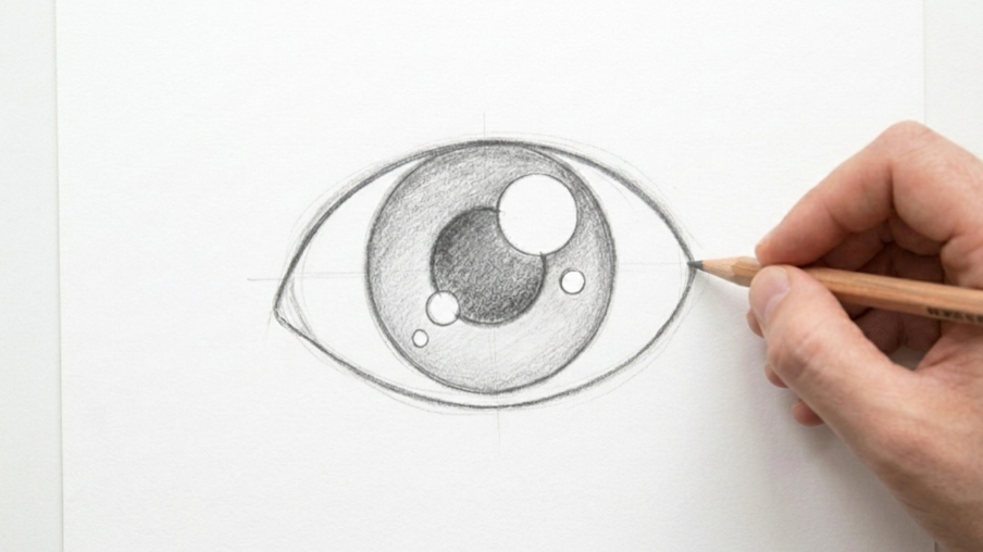 Cartoon eye sketch featuring small highlight circles inside the iris and pupil, making the eye appear bright and expressive.