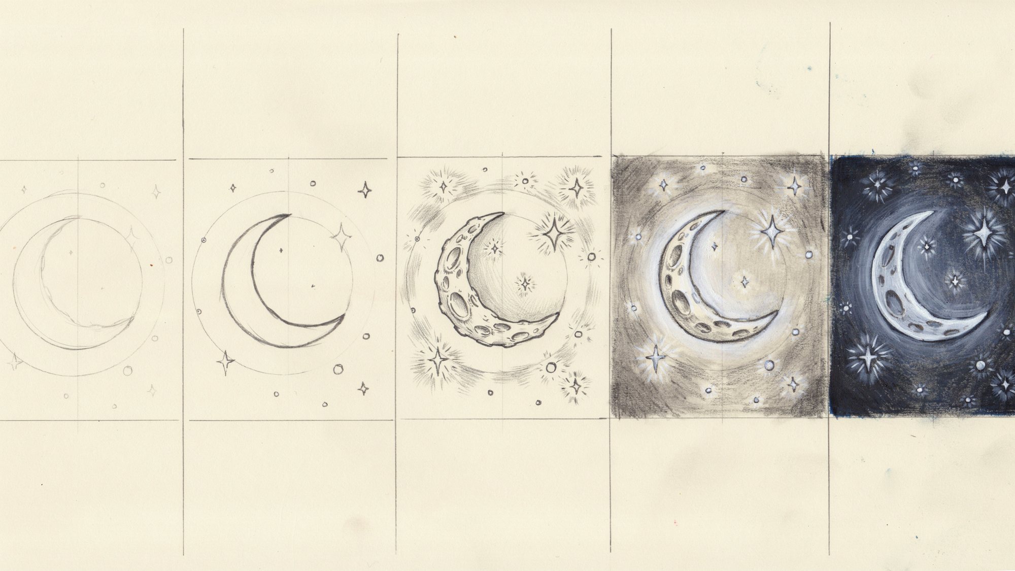 A five-panel step-by-step drawing tutorial showing a spiral galaxy progressing from a basic spiral sketch to a vibrant galaxy with swirling arms, glowing colors, and scattered stars.