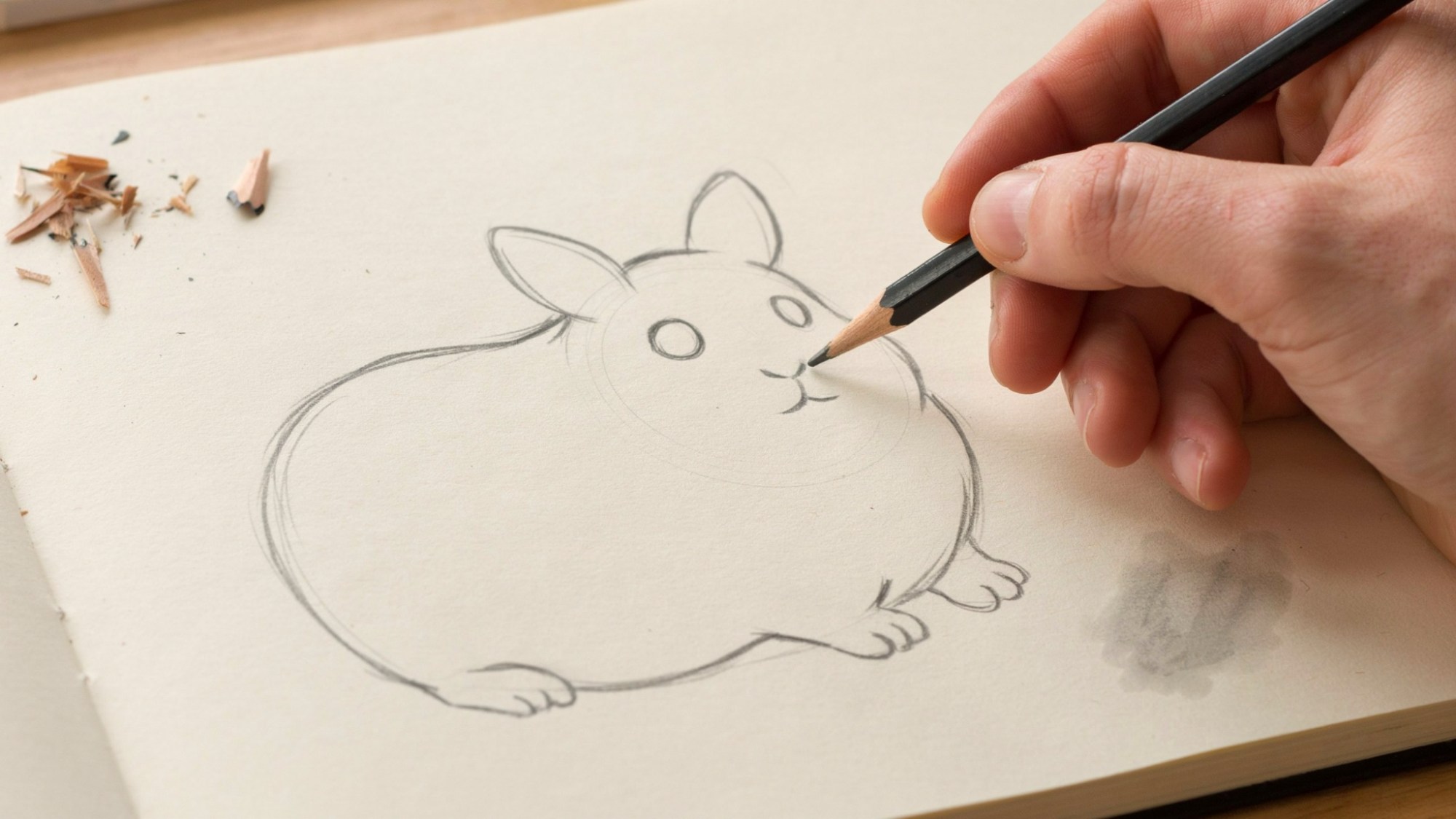 hand drawing round eyes, small ears, and stubby paws on guinea pig sketch, adding basic features to complete initial animal shape structure clearly.