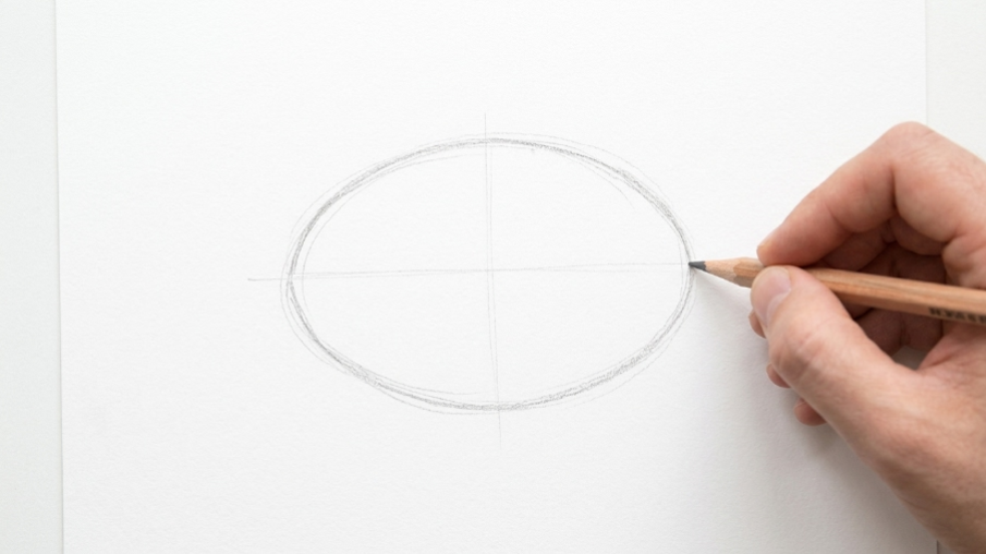Light pencil sketch of a simple oval cartoon eye shape on white paper, showing the basic structure before adding details.
