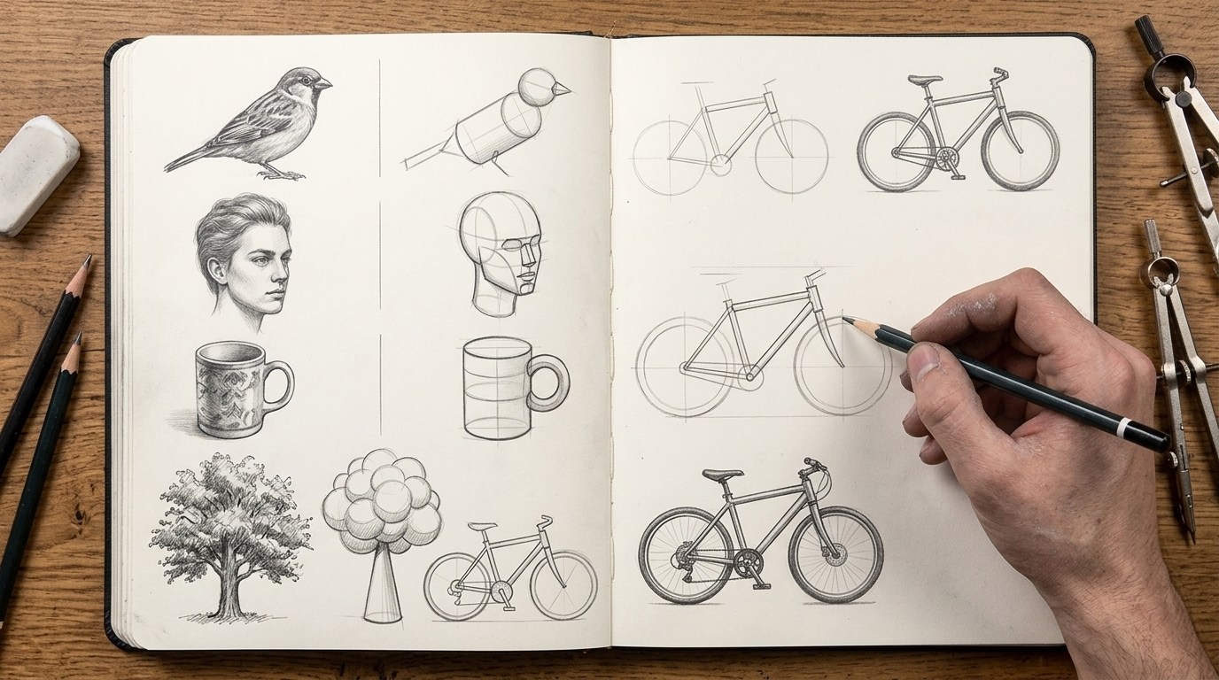 Objects simplified into basic geometric shapes for drawing from imagination.