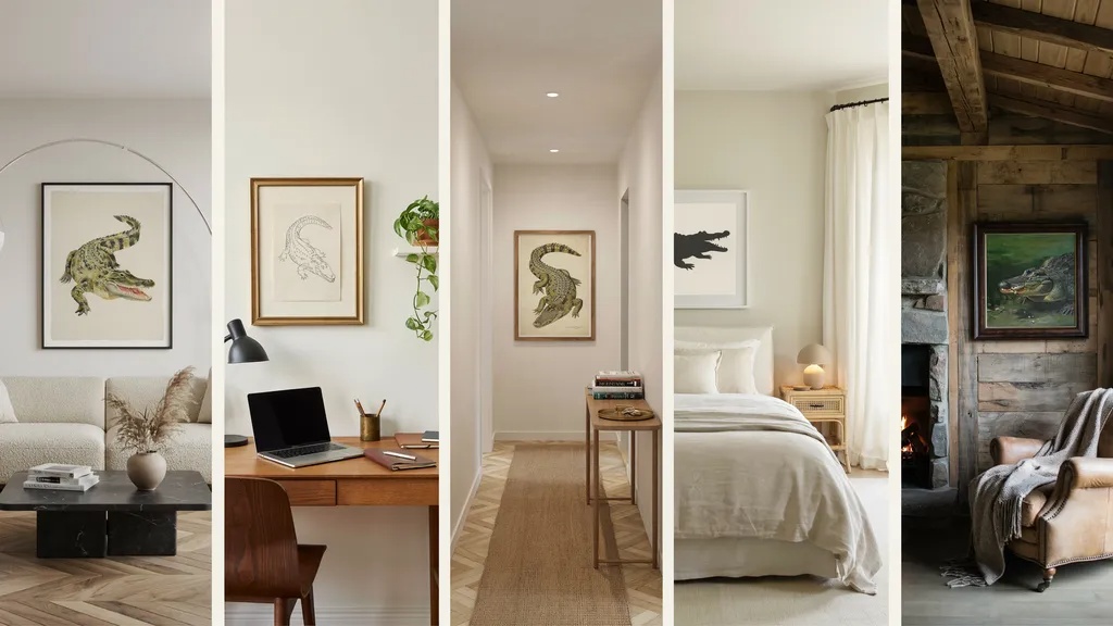 Examples of alligator artwork displayed in different rooms throughout a home.