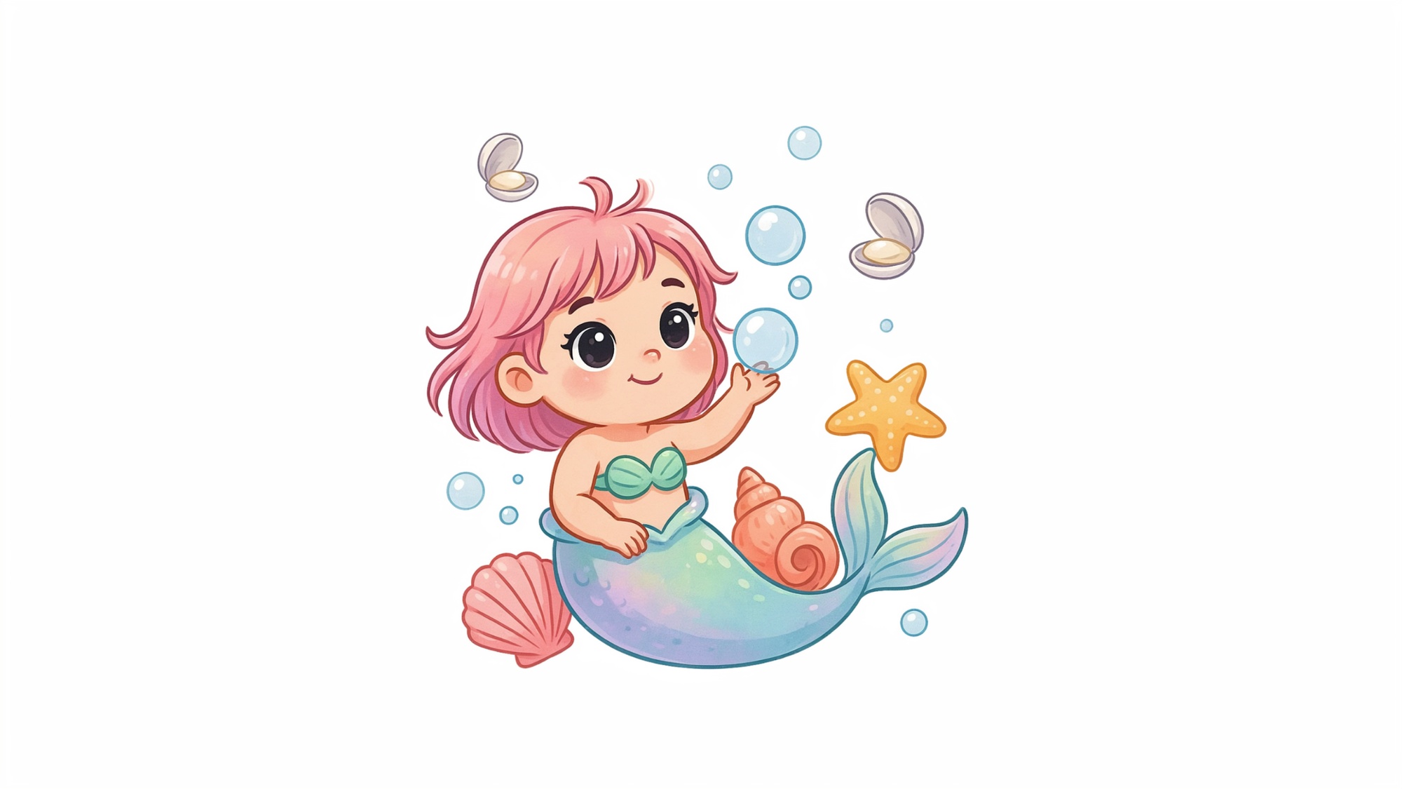 Baby mermaid drawing with soft features and playful style.
