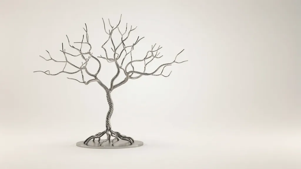 Wire tree sculpture made from twisted metal strands forming trunk, branches, and roots on a base