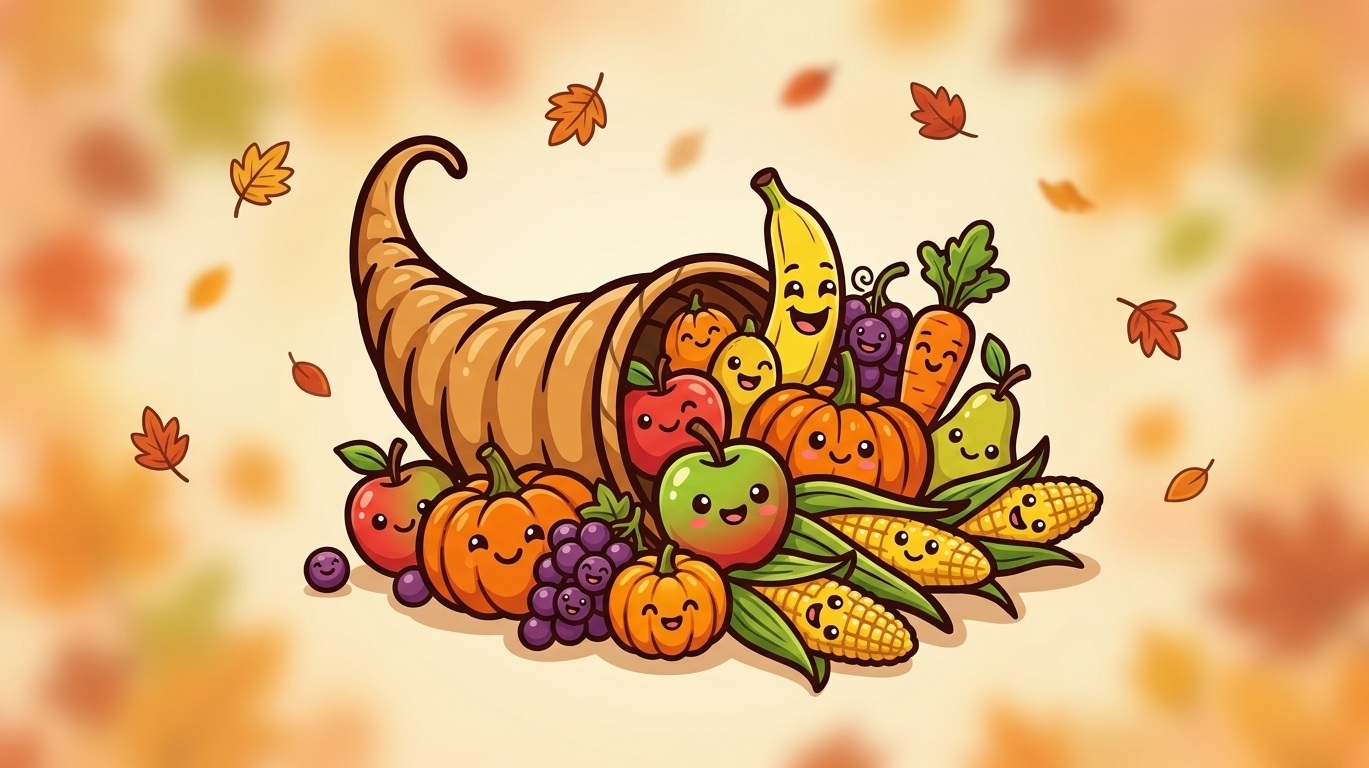 Cartoon cornucopia drawing filled with smiling fruits and vegetables in a colorful and playful style.
