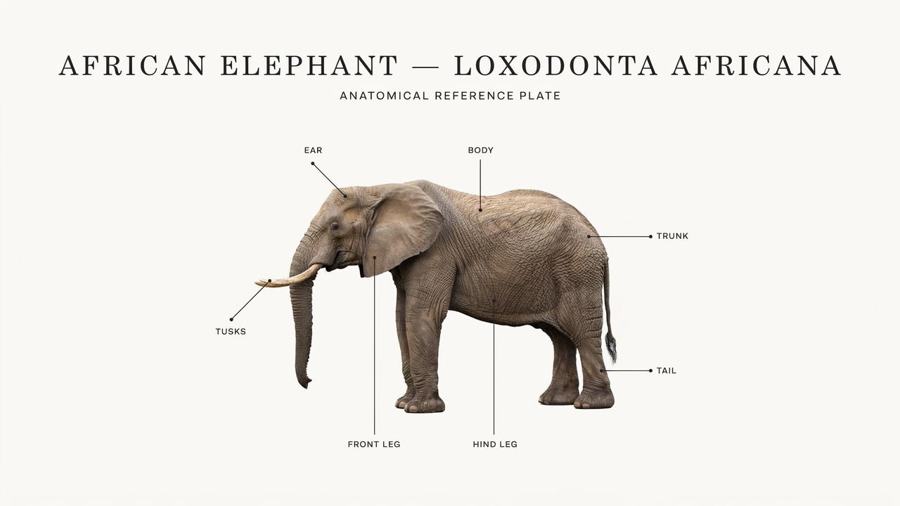Elephant anatomy showing the main body parts used for drawing.