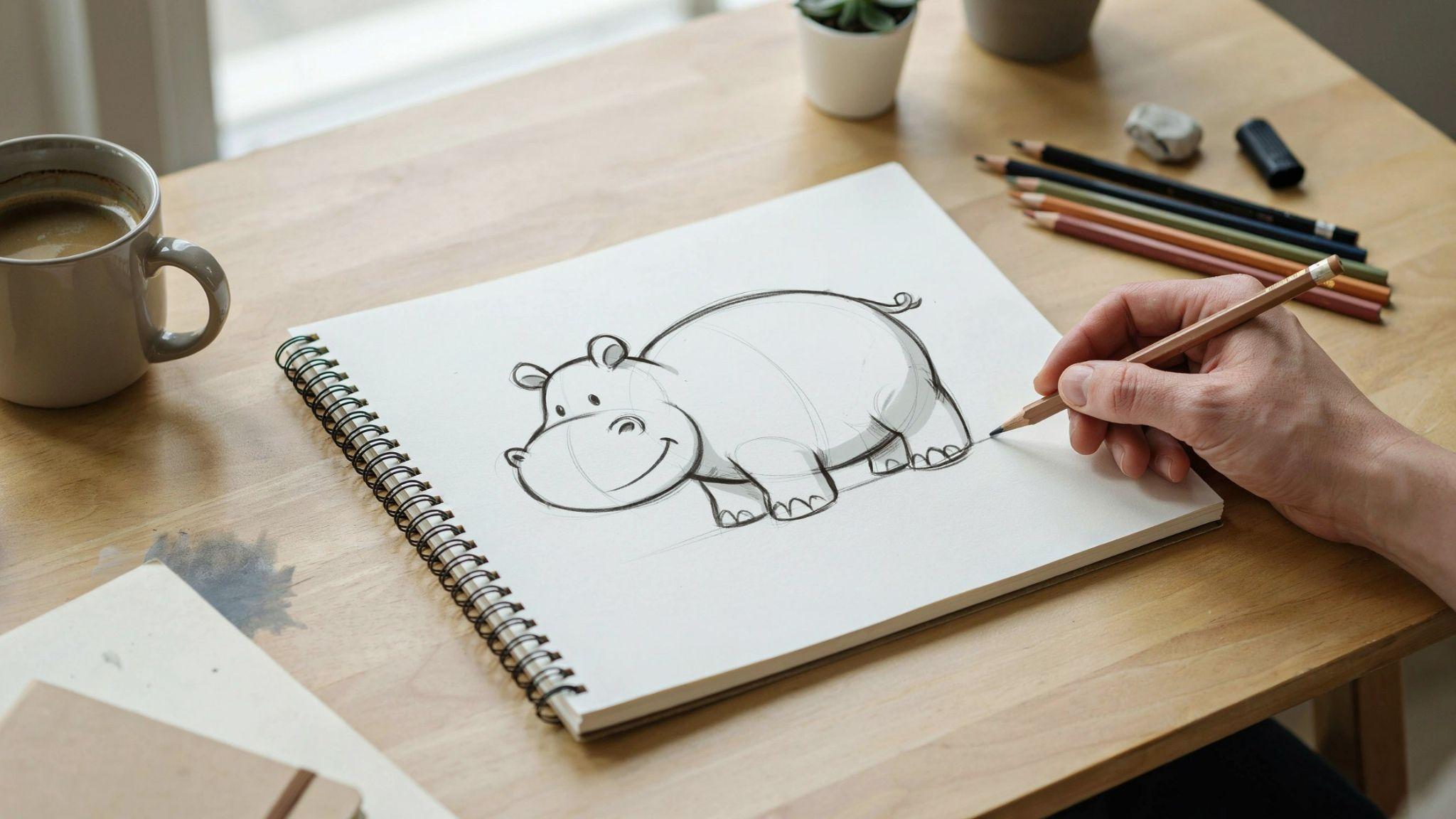Beginner sketch of a hippo drawing with simple rounded shapes and basic art supplies on desk