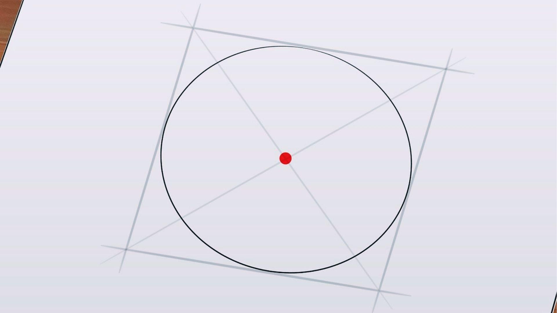Step shows circle with red center dot and construction lines to start drawing fireworks
