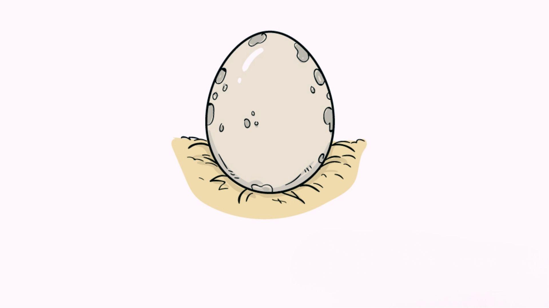Cartoon egg drawing with gray spots sitting in yellow straw nest on white background