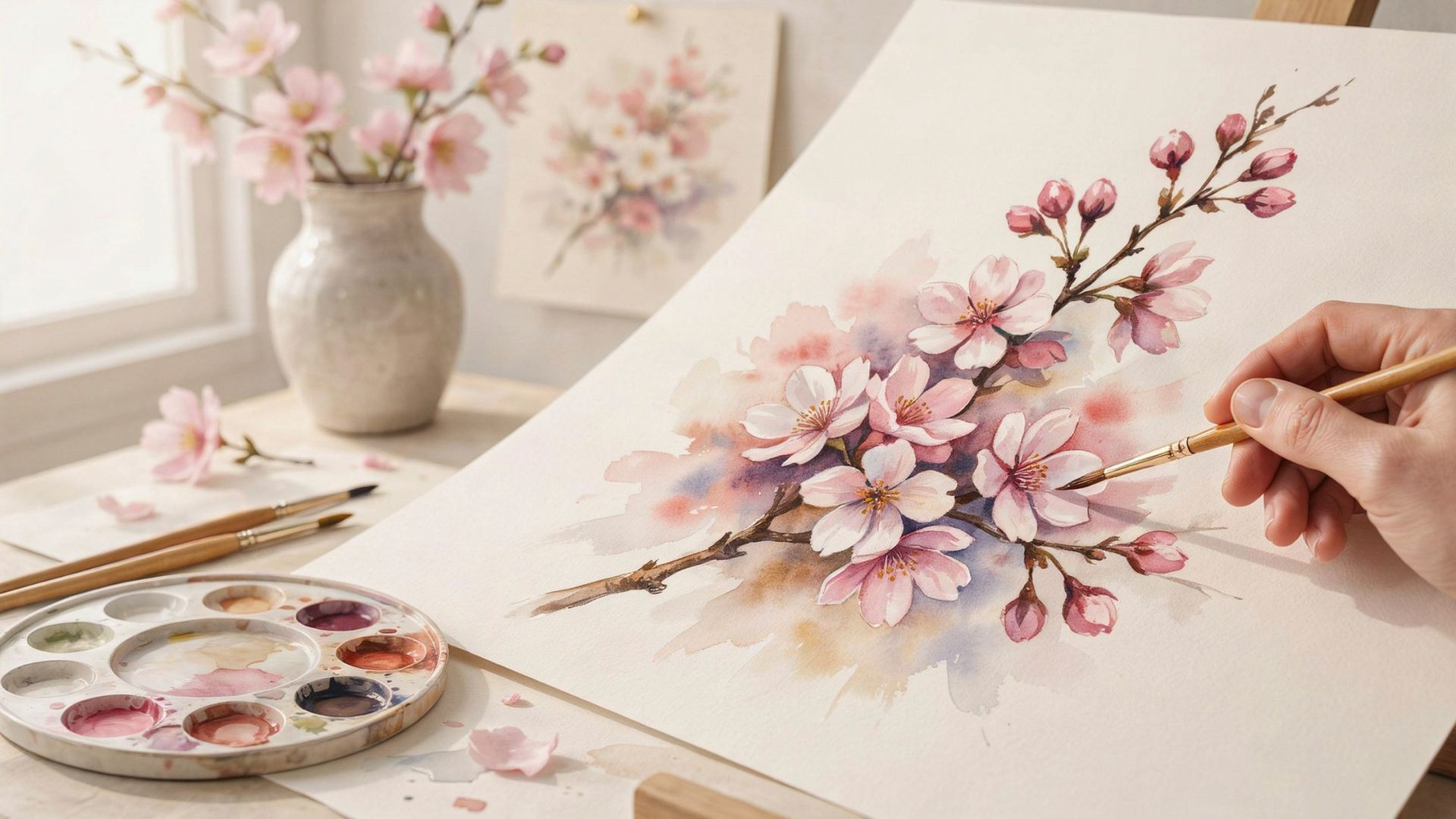 Cherry blossom drawing colored with soft pink shades, realistic shadows, and watercolor blending for a light springtime look.