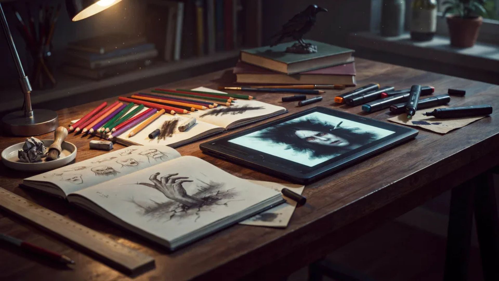 Colored pencils, markers, charcoal, and a digital drawing tablet displayed with horror-themed sketches and shading examples for scary artwork.