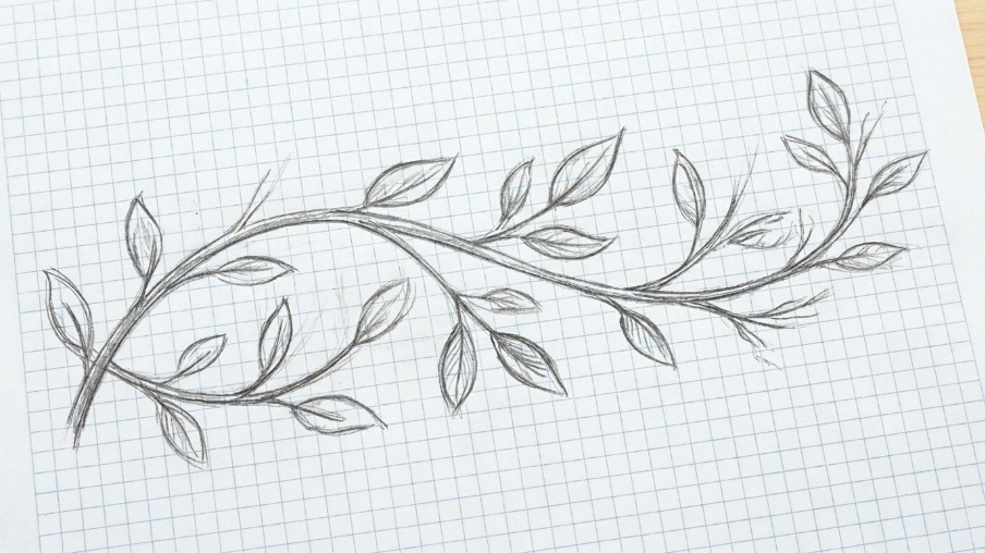 Leaves being drawn along vine branches in a natural pattern.