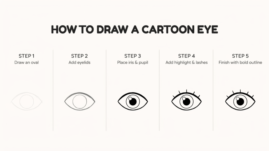 Cartoon Eyes Drawing Tutorial for Beginners Step-by-Step tutorial of drawing an eye on white paper, each step is named and drawn in proper order.