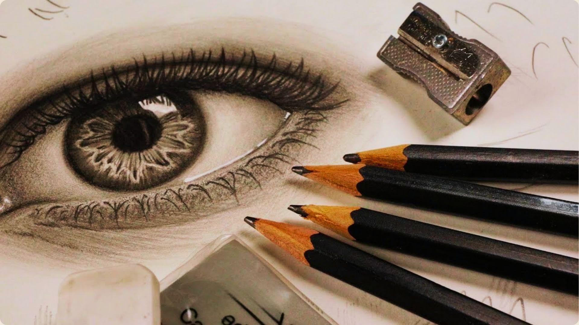 Hyper-realistic pencil drawing of an eye with dense, textured eyelashes, surrounded by art supplies.