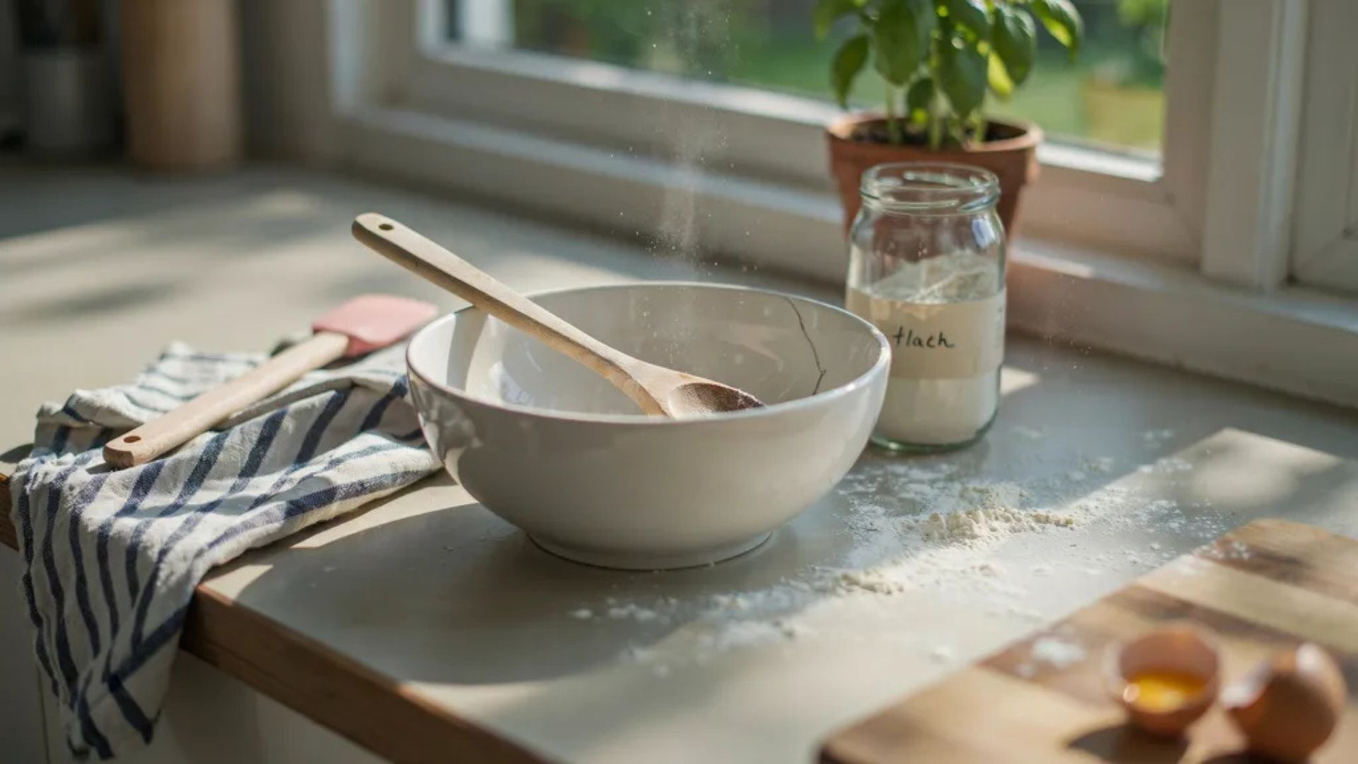 Spoon and spatula used to mix cornstarch and dish soap for homemade glue-free slime.