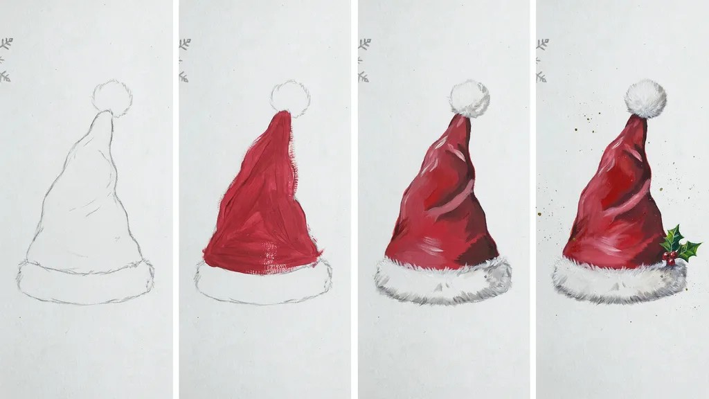 A four-step collage showing a Santa hat being painted from outline to a finished fluffy red and white hat.