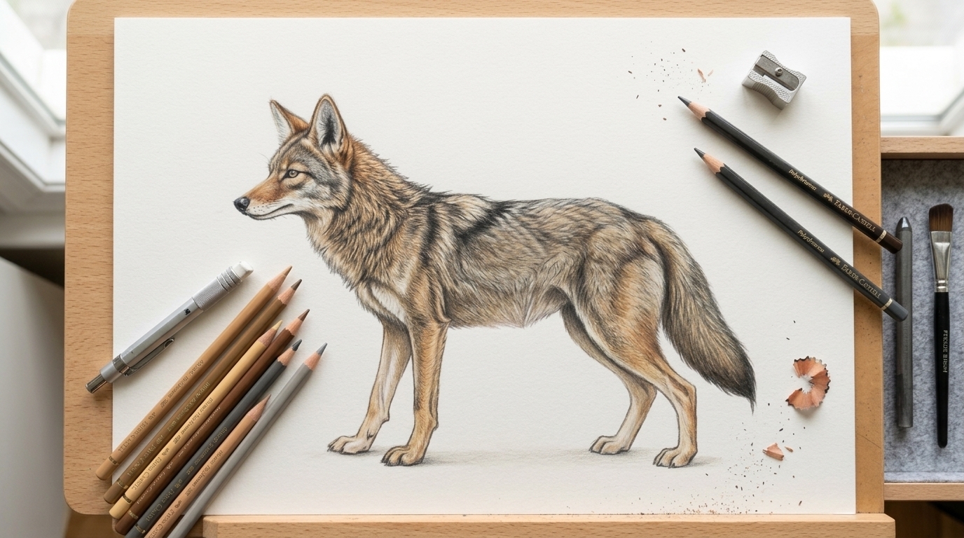 Finished coyote drawing with realistic shading and natural wildlife coloring.
