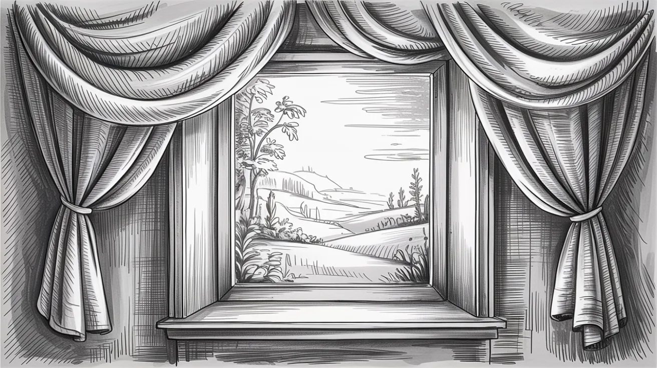 Renaissance-style sketch of framed landscape window draped with elegant curtains and theatrical interior detailing.