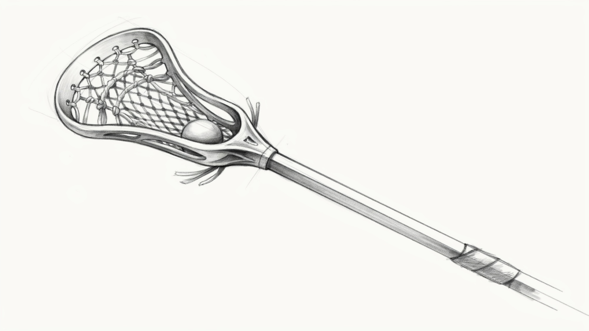 Refined lacrosse stick drawing with clean lines and detailed mesh.