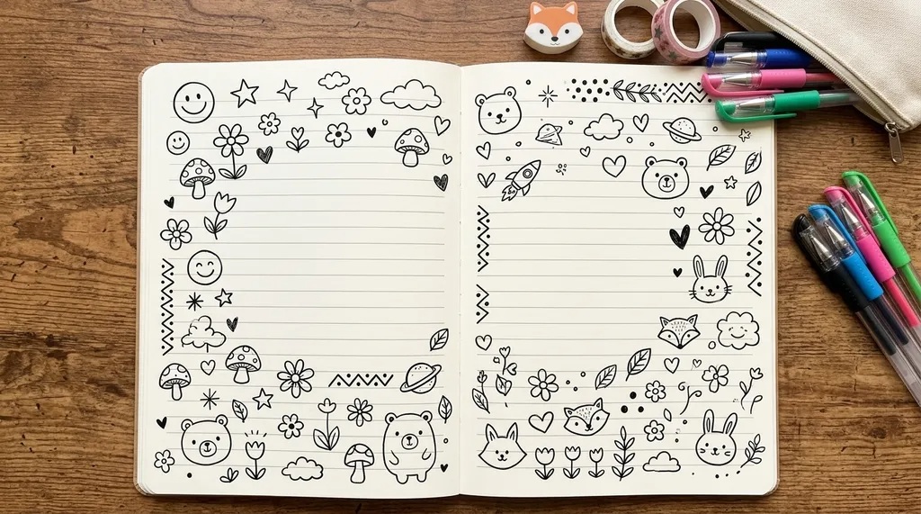 47 Easy Doodles to Draw When Bored in Class Easy doodles drawn in a classroom notebook with sketches