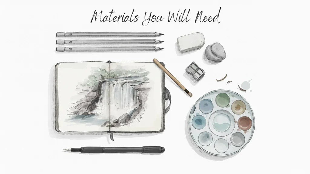 A flat-lay illustration of art supplies including pencils, eraser, sketchbook, blending stump, sharpener, watercolor palette, and pen arranged for a waterfall drawing tutorial.