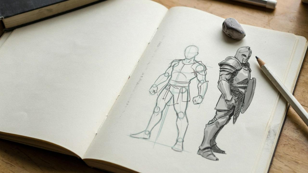 Character drawing built with construction lines and basic forms.