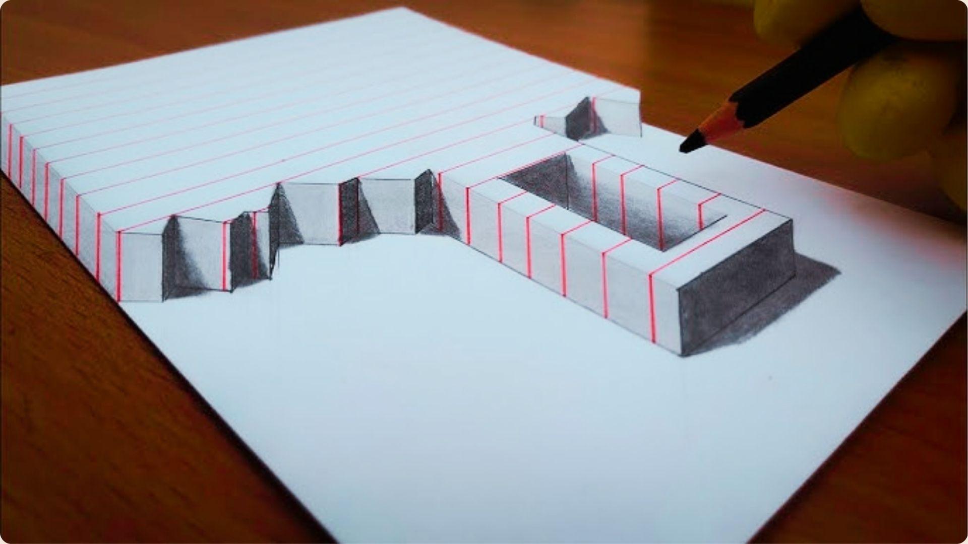 3D optical illusion drawing of steps and a trench carved into lined notebook paper.