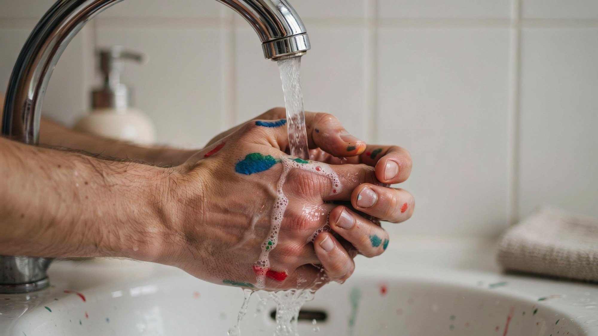 Wet acrylic paint being washed off hands with warm water and soap.