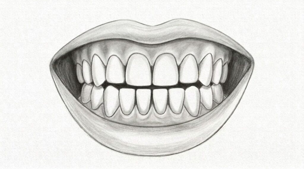 How to Draw Teeth: Easy Step-by-Step Guide A clean sketch of a smiling mouth showing upper and lower teeth in a drawing tutorial style.