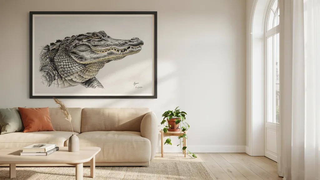 Detailed alligator canvas artwork displayed in a modern living room.