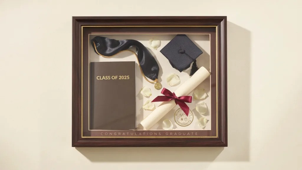 Graduation shadow box with tassel and diploma.