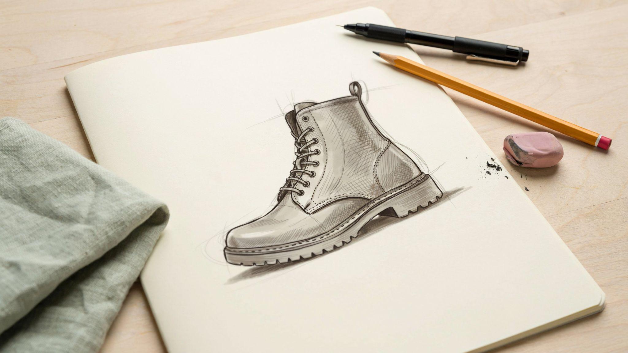 Clean pencil drawing of a lace up boot on sketchbook, pencil and eraser placed on wooden desk.