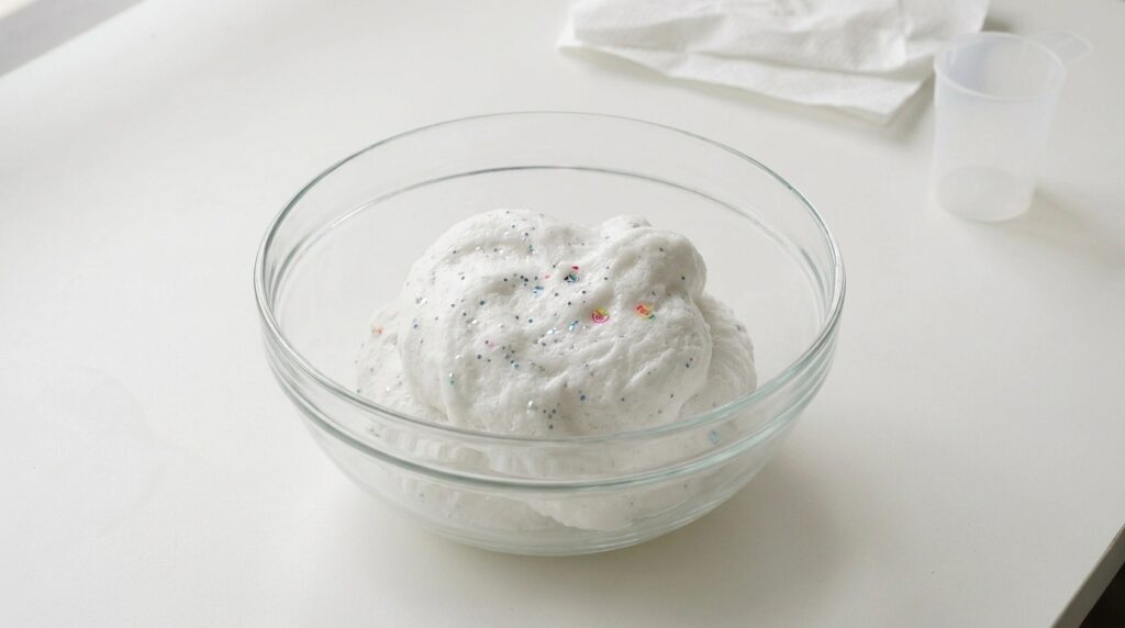 How to Make Slime with Laundry Detergent at Home The final product of slime in a transparent glass bowl, sprinkled with glitter to make it visually appealing.