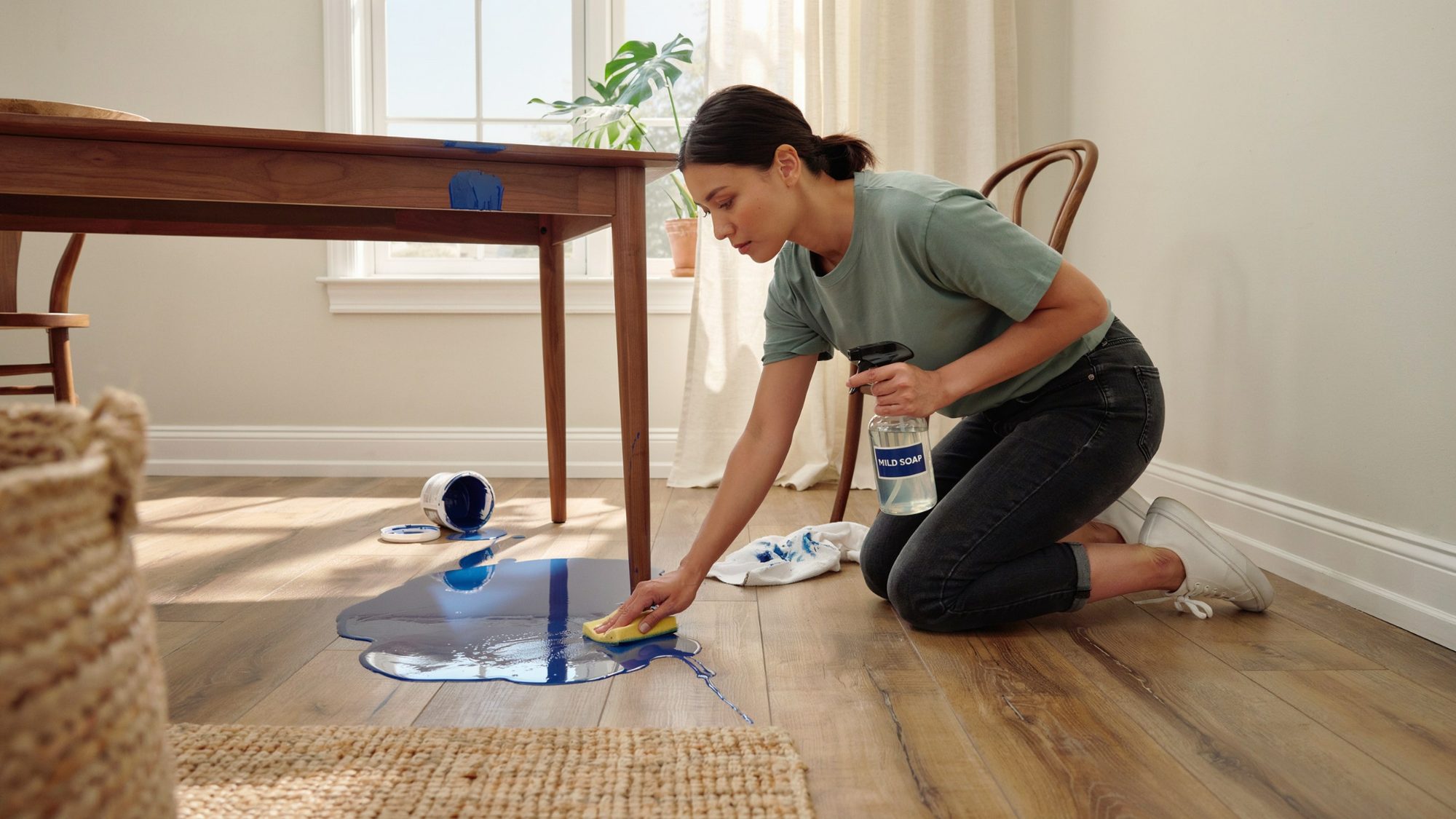 Wet acrylic paint spill being cleaned from a wooden floor and table using a damp sponge and soap.