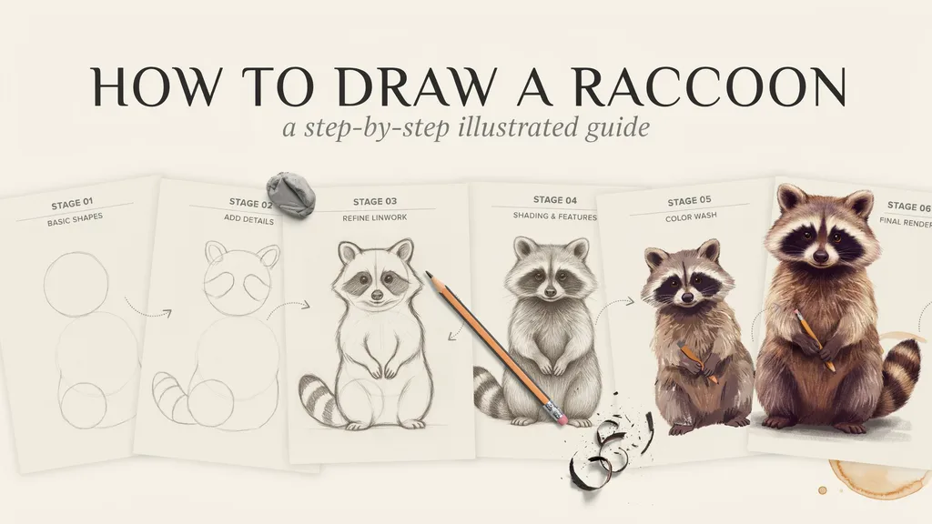 Easy Raccoon Drawing: Step-by-Step Guide Step-by-step transformation of a raccoon drawing from basic shapes to a finished detailed illustration.