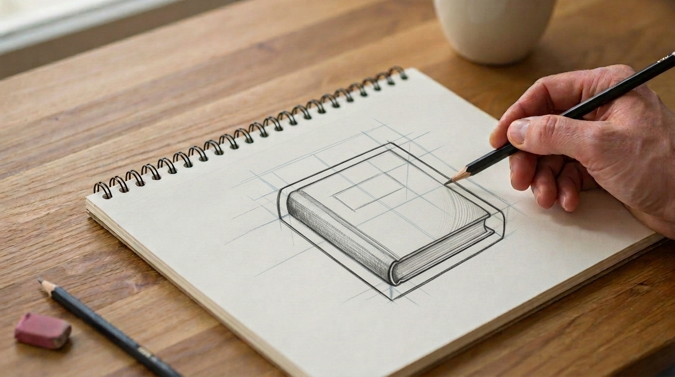 Book sketch showing added outline to create thickness and depth effect