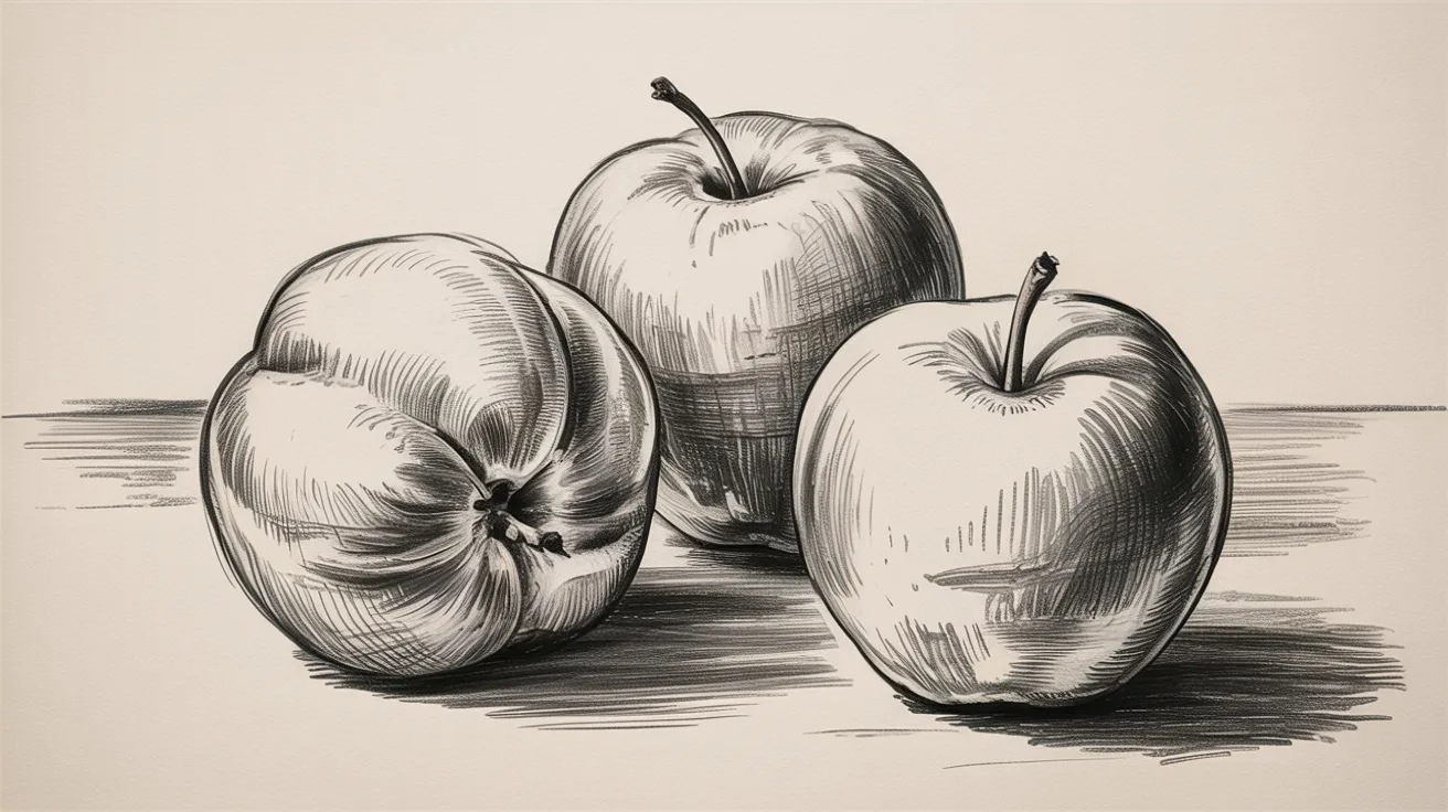 Renaissance-style still life pencil sketch of three apples arranged together with realistic shading and classical composition.
