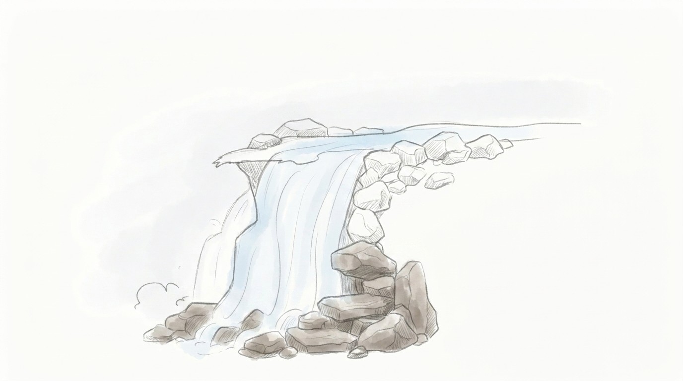 Rocks added around the waterfall and base with rough natural shapes.
