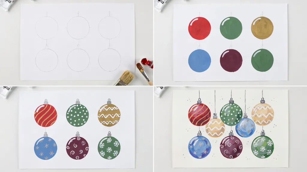 A four-step collage showing Christmas ornaments evolving from simple circles into decorated hanging baubles.