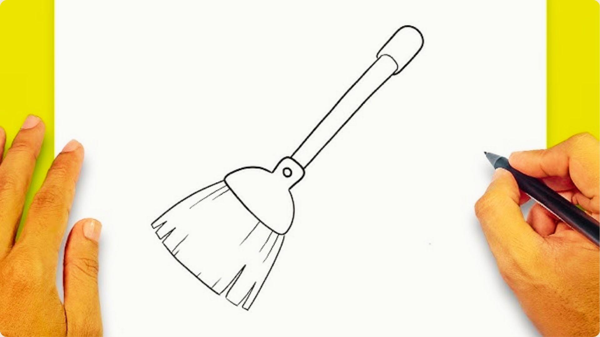 Black line drawing of a broom with a hand holding a pen on the right.